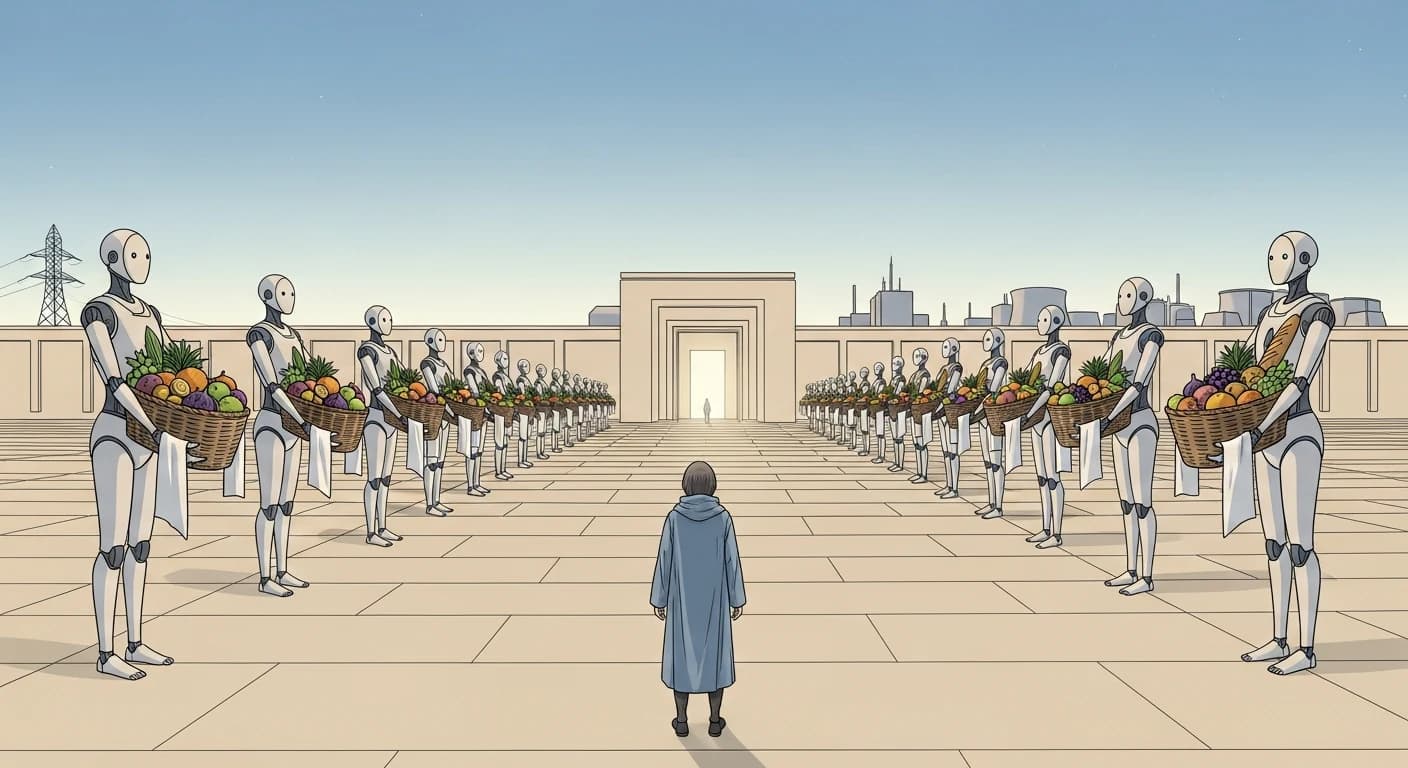 Illustration style Moebius, ligne claire et couleurs pastel : sur une vaste esplanade de pierre pâle, deux longues rangées de robots humanoïdes tendent en silence des paniers de fruits et de pain, l'abondance offerte à perte de vue ; au centre, un seul homme en long manteau marche vers une porte étroite et lumineuse percée dans un mur immense, image d'une abondance matérielle qui passe encore par un guichet