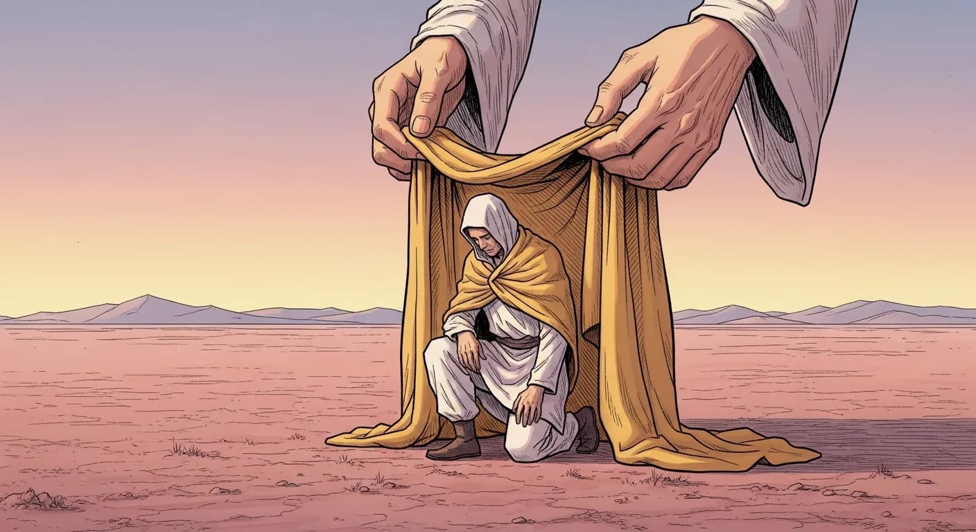 Illustration Moebius : une main tend une couverture sur une silhouette adulte agenouillée comme on couvre un enfant, le geste protecteur révélant une condescendance ; lumière douce et ambivalente
