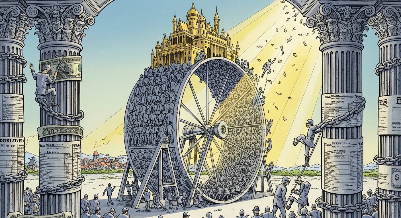 Illustration Moebius : travailleurs dans une roue de hamster géante alimentant un palais doré