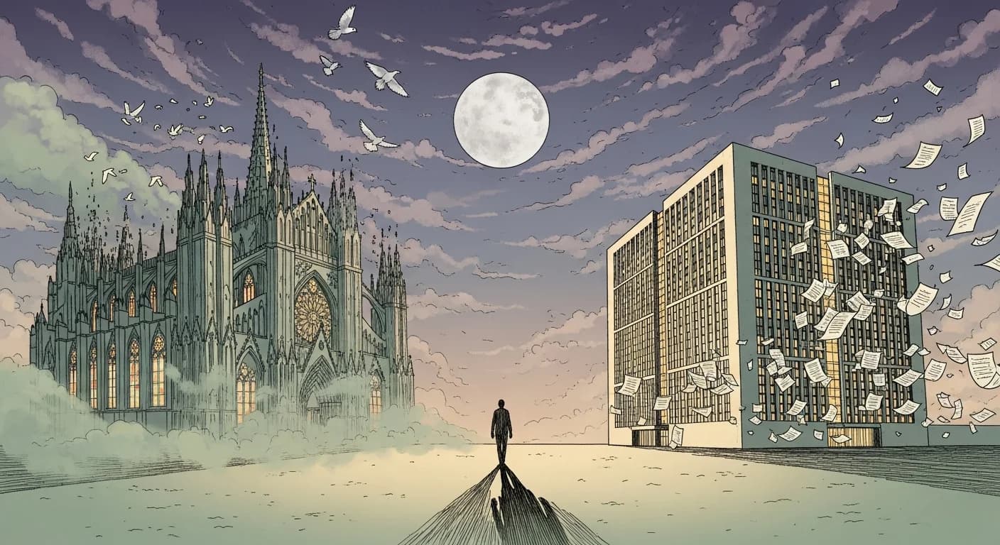 Illustration Moebius : silhouette humaine entre une cathédrale gothique qui s'efface et un bâtiment administratif moderne qui s'élève, sous un ciel crépusculaire